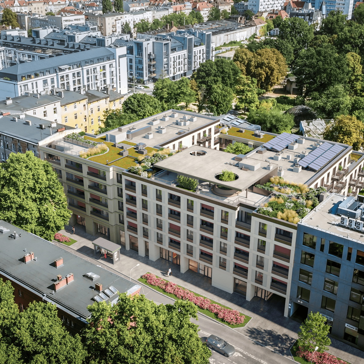 Візуалізація нової інвестиції Epika Jeżyce від вулиці Красевського в Познані.